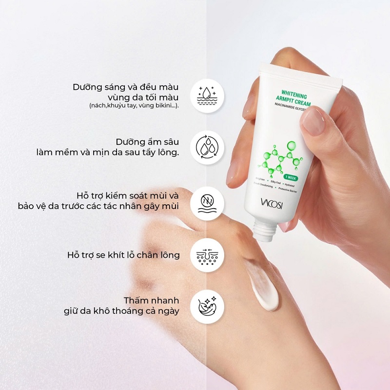 Kem trị thâm nách Vacosi có dạng kem mỏng nhẹ, dễ tán và thấm khá nhanh
